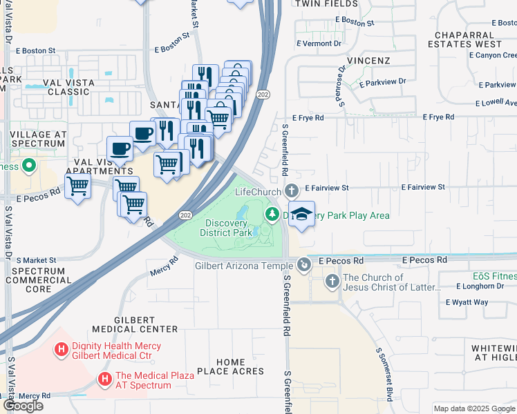map of restaurants, bars, coffee shops, grocery stores, and more near 2214 East Pecos Road in Chandler