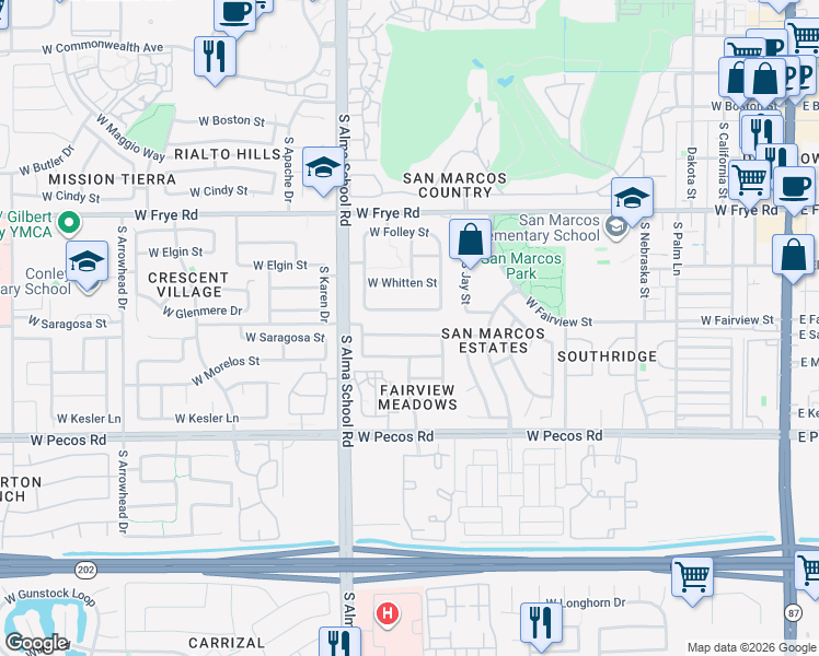 map of restaurants, bars, coffee shops, grocery stores, and more near 877 West Glenmere Drive in Chandler