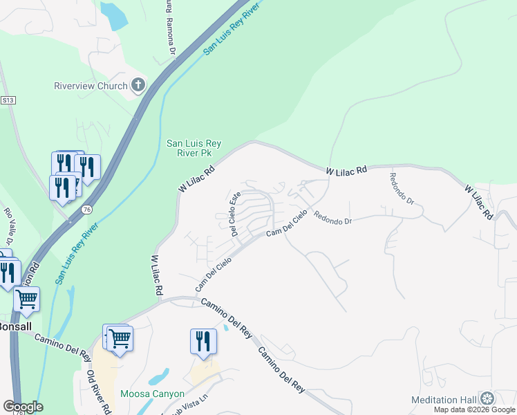 map of restaurants, bars, coffee shops, grocery stores, and more near 5767 Galloway Place in Bonsall