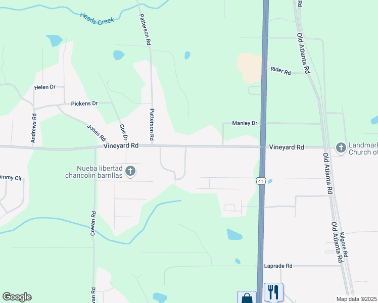 map of restaurants, bars, coffee shops, grocery stores, and more near 404 Vineyard Road in Griffin