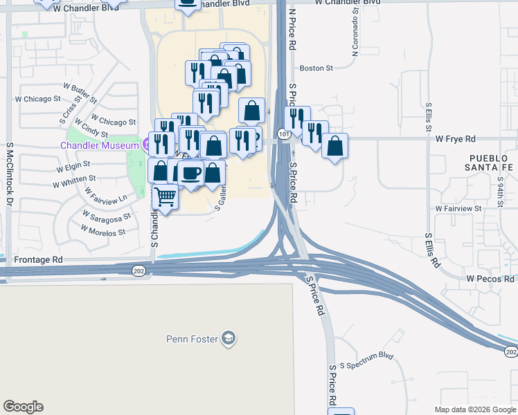map of restaurants, bars, coffee shops, grocery stores, and more near 555 South Galleria Way in Chandler