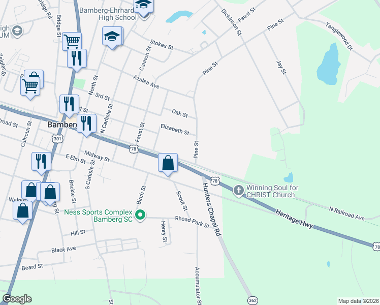 map of restaurants, bars, coffee shops, grocery stores, and more near 200-260 Pine Street in Bamberg