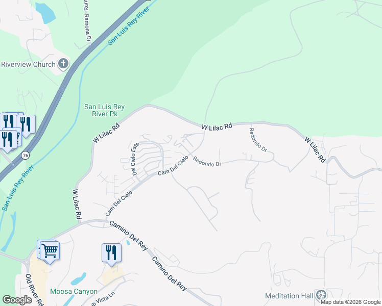 map of restaurants, bars, coffee shops, grocery stores, and more near 5748 Redondo Drive in Bonsall