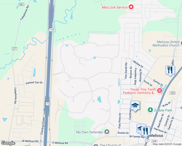 map of restaurants, bars, coffee shops, grocery stores, and more near 5 Trail Ridge Drive in Melissa