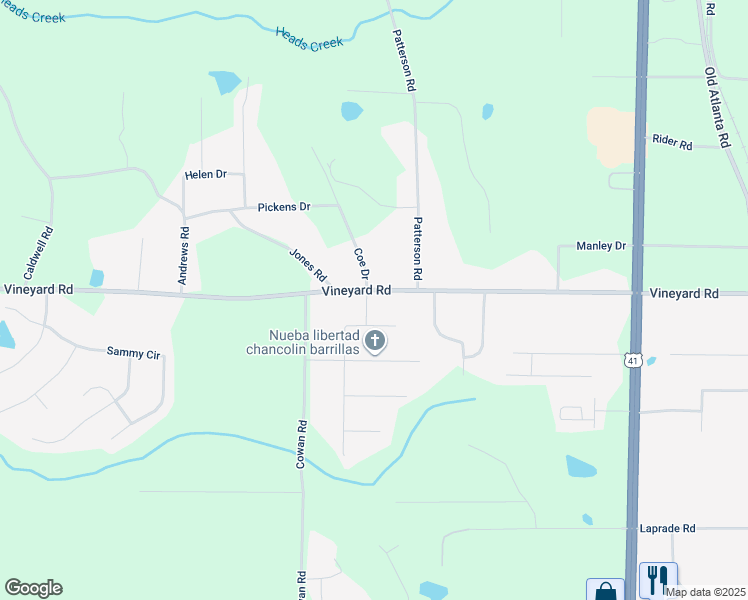 map of restaurants, bars, coffee shops, grocery stores, and more near 518 Vineyard Road in Griffin