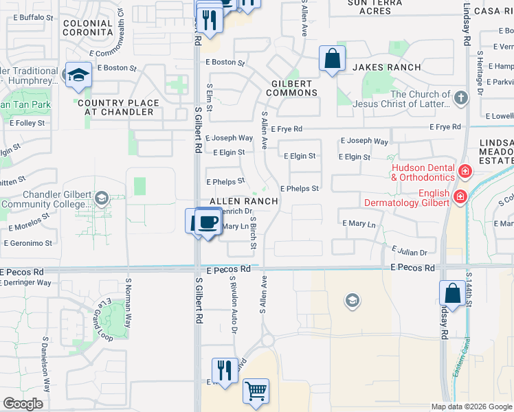 map of restaurants, bars, coffee shops, grocery stores, and more near 176 East Benrich Drive in Gilbert