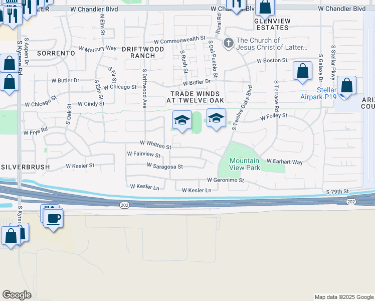 map of restaurants, bars, coffee shops, grocery stores, and more near 5205 West Whitten Street in Chandler