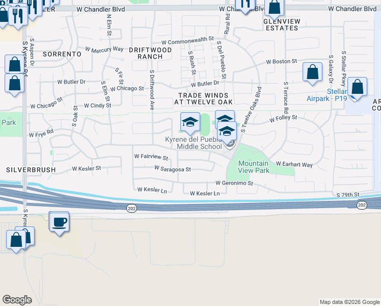 map of restaurants, bars, coffee shops, grocery stores, and more near 5213 West Whitten Street in Chandler
