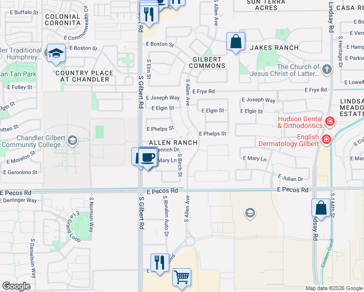 map of restaurants, bars, coffee shops, grocery stores, and more near 176 East Benrich Drive in Gilbert