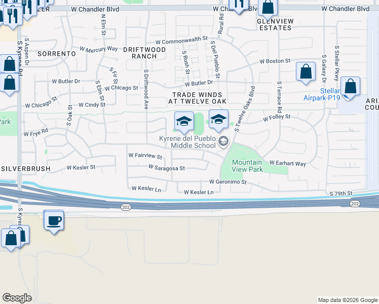 map of restaurants, bars, coffee shops, grocery stores, and more near 5205 West Whitten Street in Chandler