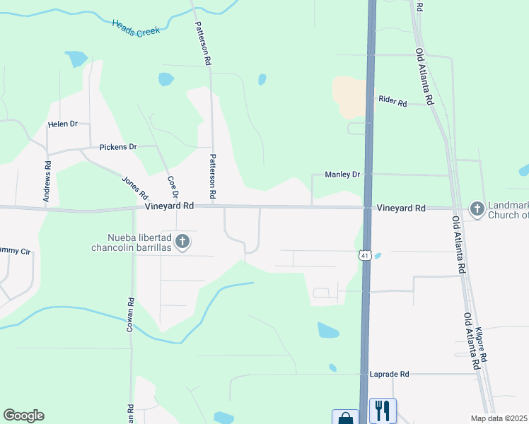 map of restaurants, bars, coffee shops, grocery stores, and more near 404 Vineyard Road in Griffin