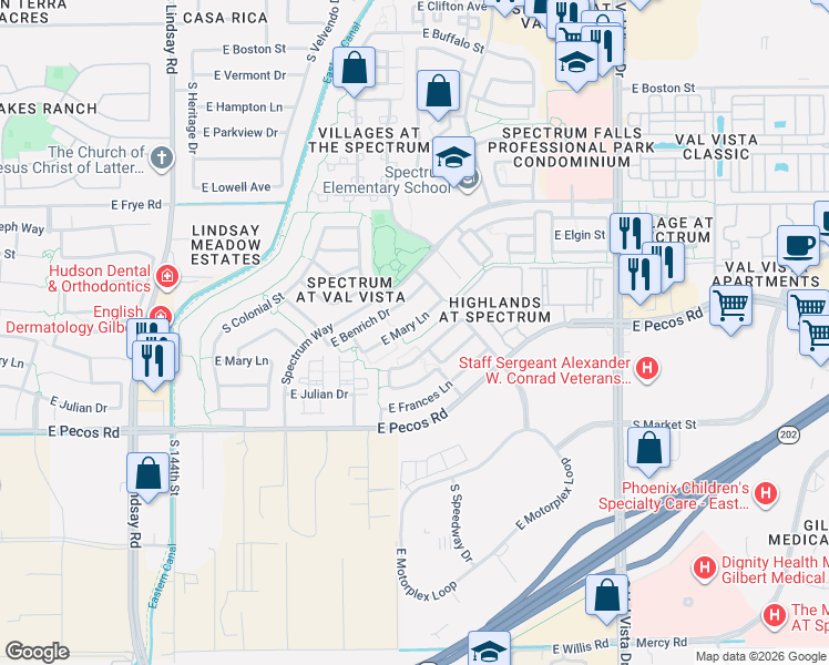 map of restaurants, bars, coffee shops, grocery stores, and more near 1224 East Mary Lane in Gilbert