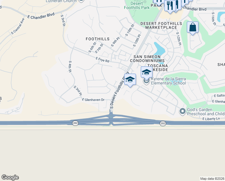 map of restaurants, bars, coffee shops, grocery stores, and more near 16622 South 6th Place in Phoenix
