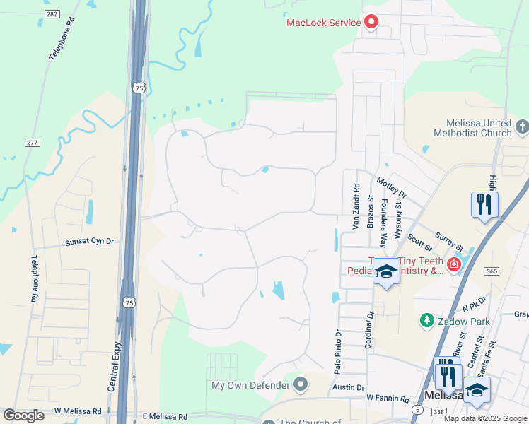 map of restaurants, bars, coffee shops, grocery stores, and more near 5 Trailridge Drive in Melissa