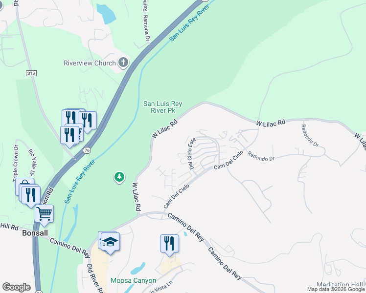 map of restaurants, bars, coffee shops, grocery stores, and more near 31940 Del Cielo Este in Bonsall