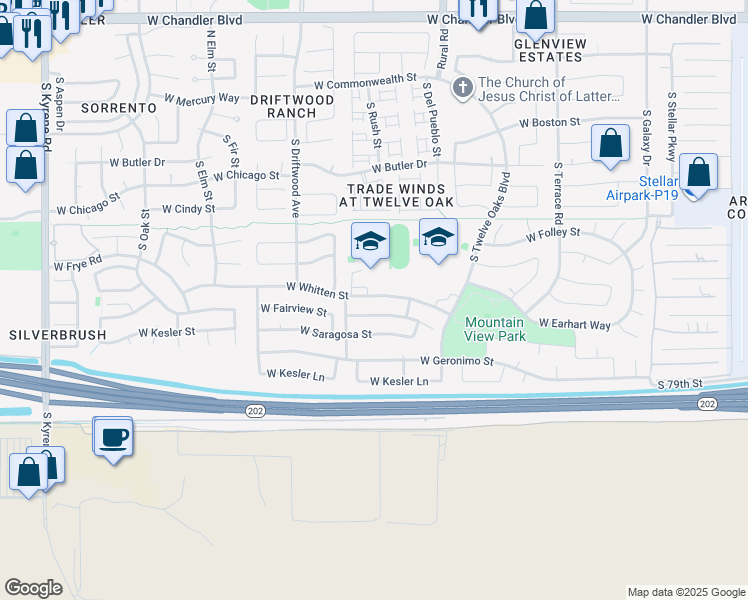 map of restaurants, bars, coffee shops, grocery stores, and more near 5205 West Whitten Street in Chandler