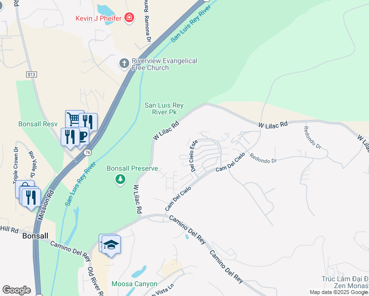 map of restaurants, bars, coffee shops, grocery stores, and more near 31948 Del Cielo Este in Bonsall