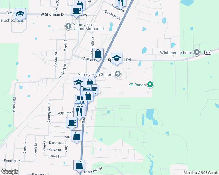 map of restaurants, bars, coffee shops, grocery stores, and more near 511 Pine Ridge Street in Aubrey