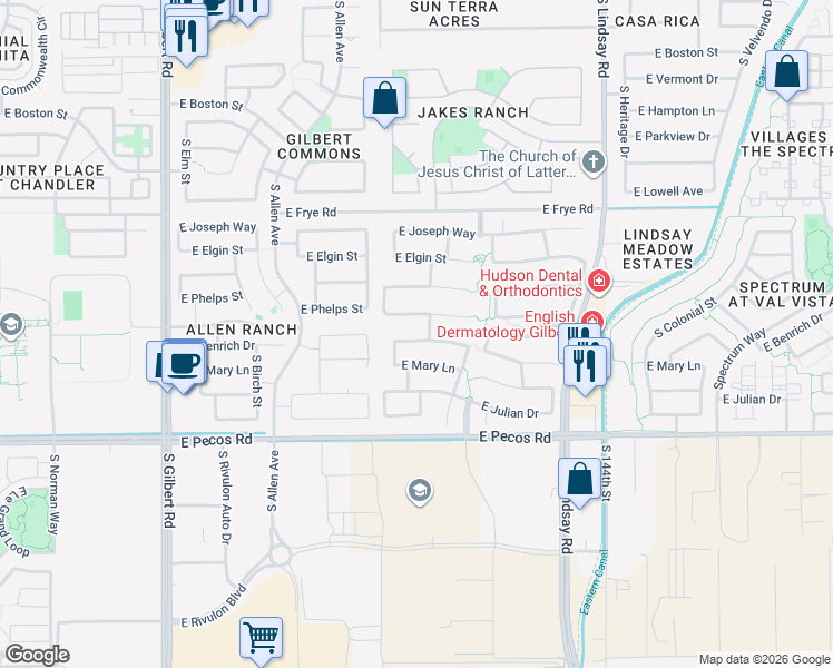 map of restaurants, bars, coffee shops, grocery stores, and more near 466 East Benrich Drive in Gilbert