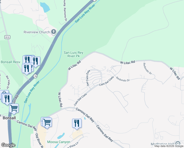 map of restaurants, bars, coffee shops, grocery stores, and more near 5735 Barbary Place in Bonsall