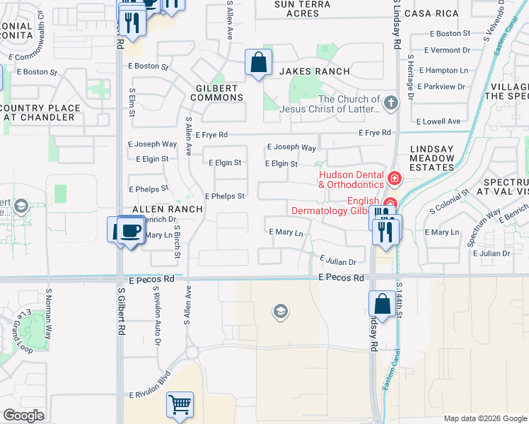 map of restaurants, bars, coffee shops, grocery stores, and more near 428 East Benrich Drive in Gilbert