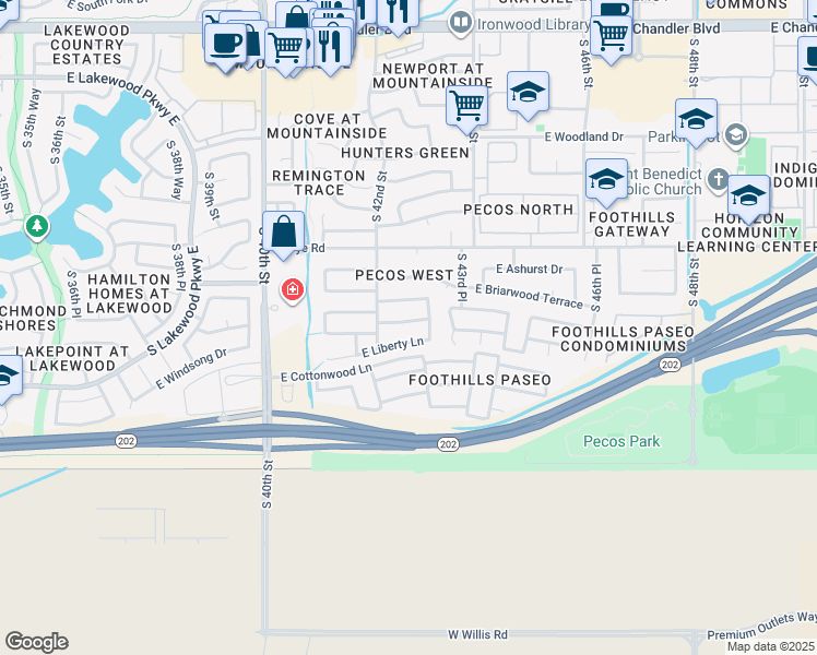 map of restaurants, bars, coffee shops, grocery stores, and more near 4221 East Windsong Drive in Phoenix