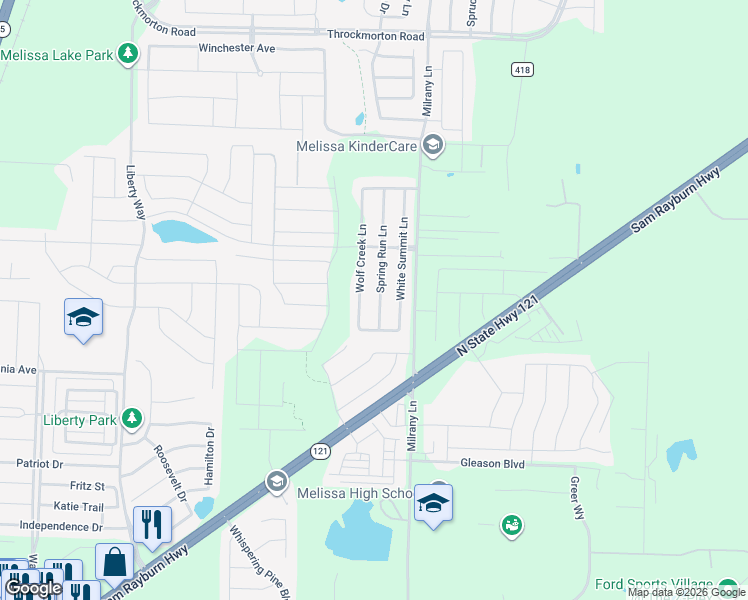 map of restaurants, bars, coffee shops, grocery stores, and more near 3616 Spring Run Lane in Melissa