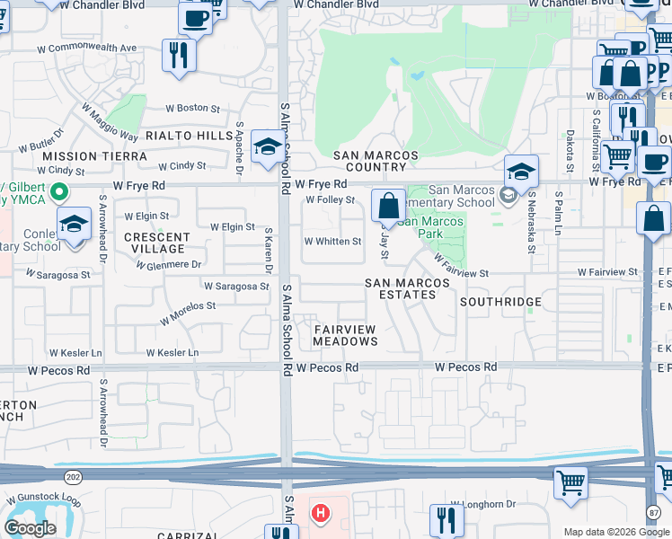 map of restaurants, bars, coffee shops, grocery stores, and more near 877 West Glenmere Drive in Chandler