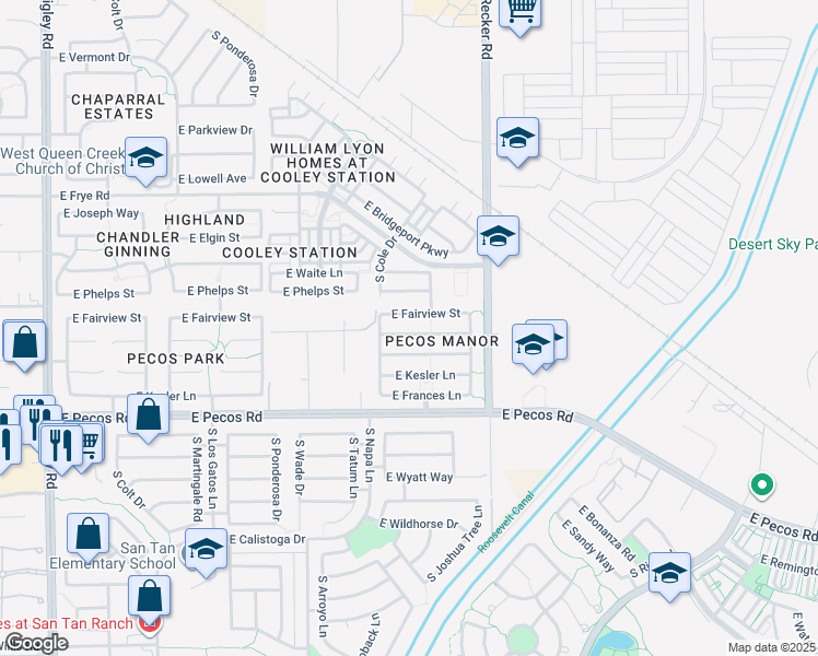 map of restaurants, bars, coffee shops, grocery stores, and more near 3866 East Moreles Street in Gilbert