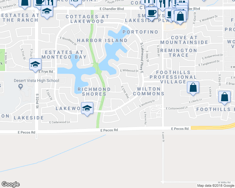 map of restaurants, bars, coffee shops, grocery stores, and more near 3707 East Saltsage Drive in Phoenix
