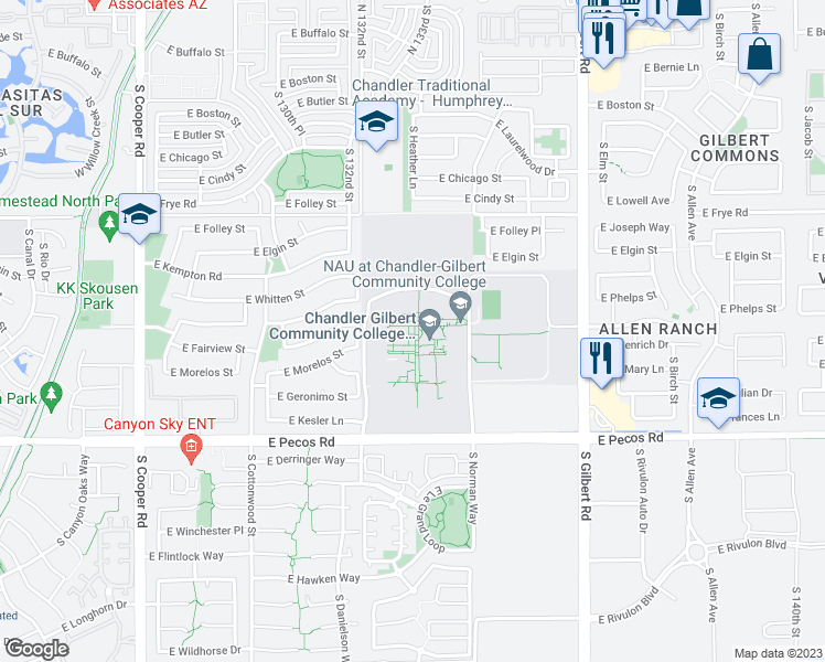 map of restaurants, bars, coffee shops, grocery stores, and more near 2626 East Pecos Road in Chandler