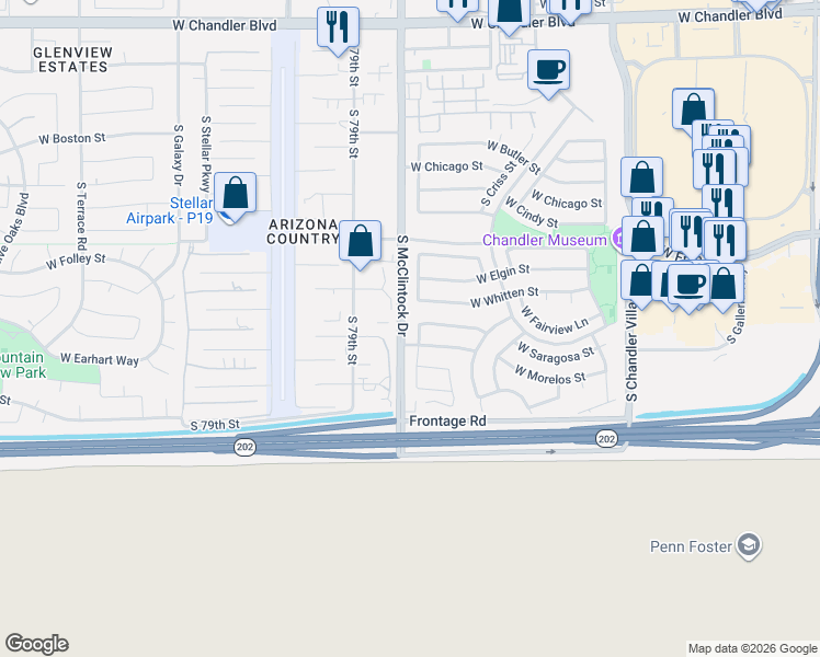 map of restaurants, bars, coffee shops, grocery stores, and more near 620 South Laveen Drive in Chandler