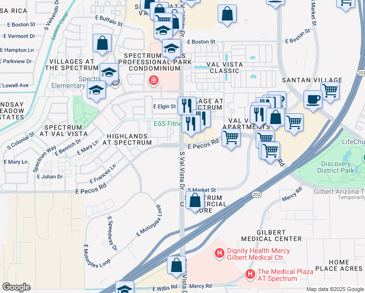 map of restaurants, bars, coffee shops, grocery stores, and more near E Pecos Rd & S Val Vista Dr in Gilbert