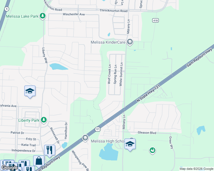 map of restaurants, bars, coffee shops, grocery stores, and more near 3615 Wolf Creek Lane in Melissa
