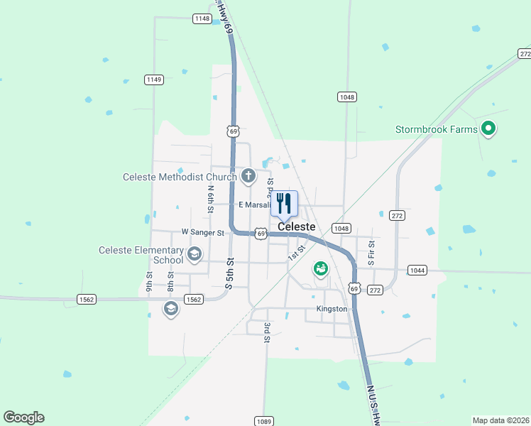 map of restaurants, bars, coffee shops, grocery stores, and more near 115 3rd Street in Celeste