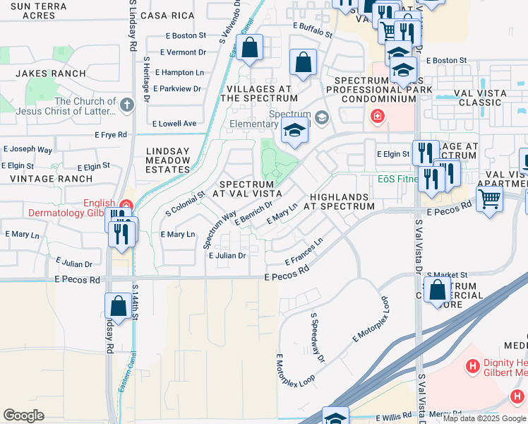 map of restaurants, bars, coffee shops, grocery stores, and more near 1167 East Benrich Drive in Gilbert