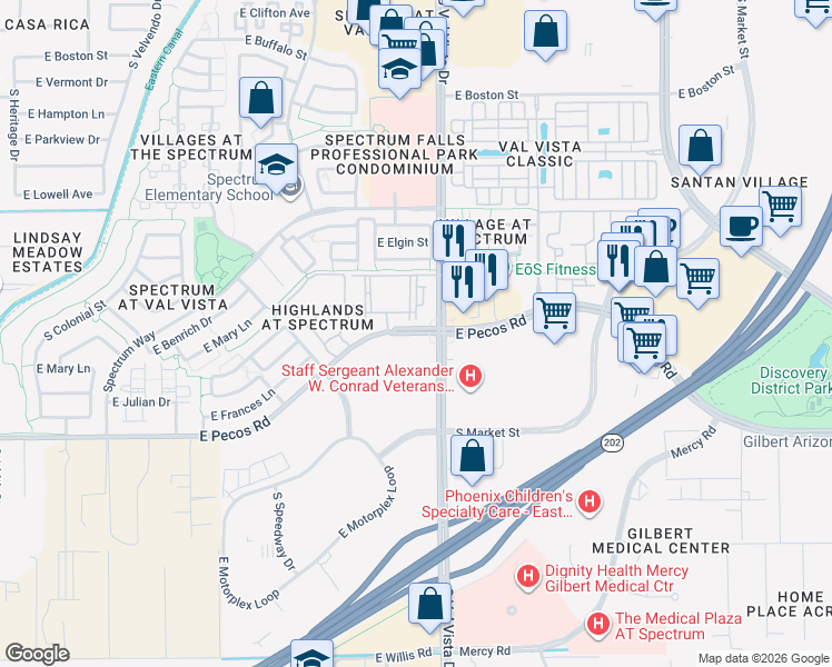 map of restaurants, bars, coffee shops, grocery stores, and more near 15097 East Pecos Road in Gilbert