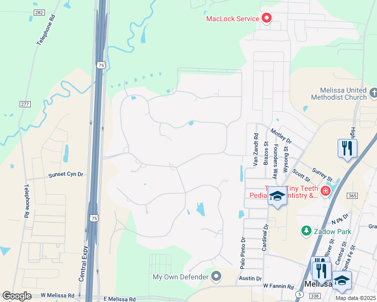 map of restaurants, bars, coffee shops, grocery stores, and more near 5 Trailridge Drive in Melissa
