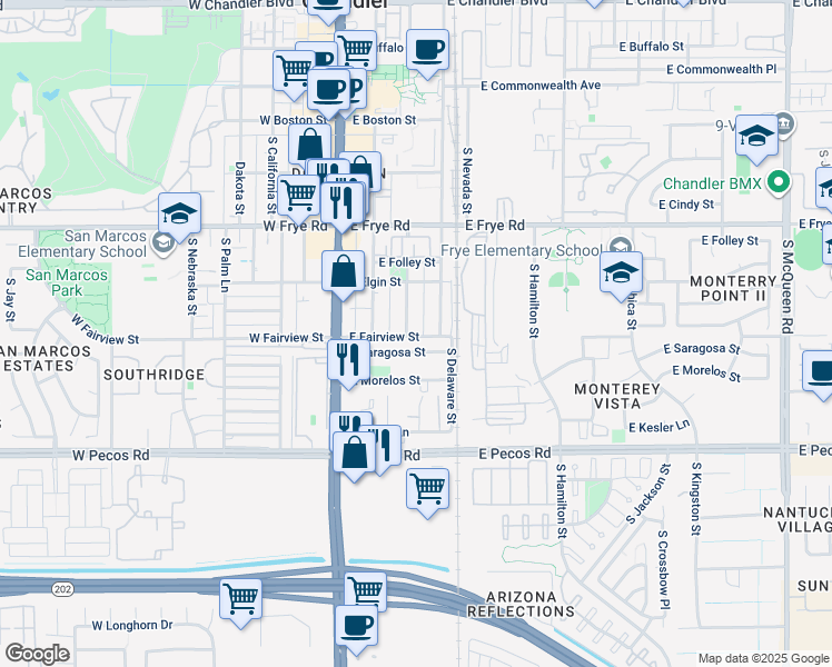 map of restaurants, bars, coffee shops, grocery stores, and more near 499 South Colorado Street in Chandler