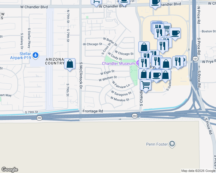 map of restaurants, bars, coffee shops, grocery stores, and more near 612 South Los Feliz Drive in Chandler