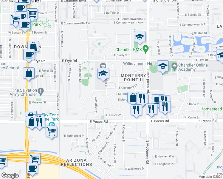 map of restaurants, bars, coffee shops, grocery stores, and more near 761 East Glenmere Drive in Chandler