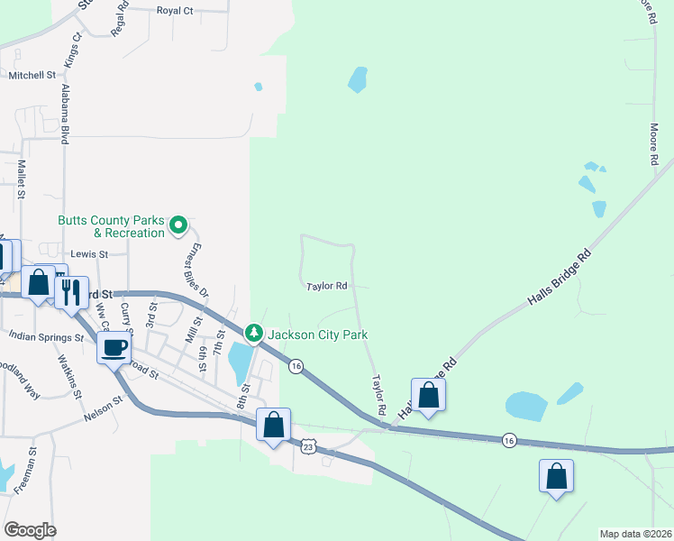 map of restaurants, bars, coffee shops, grocery stores, and more near 285 Taylor Road in Jackson
