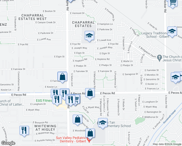 map of restaurants, bars, coffee shops, grocery stores, and more near 3037 South Sunnyvale Avenue in Gilbert