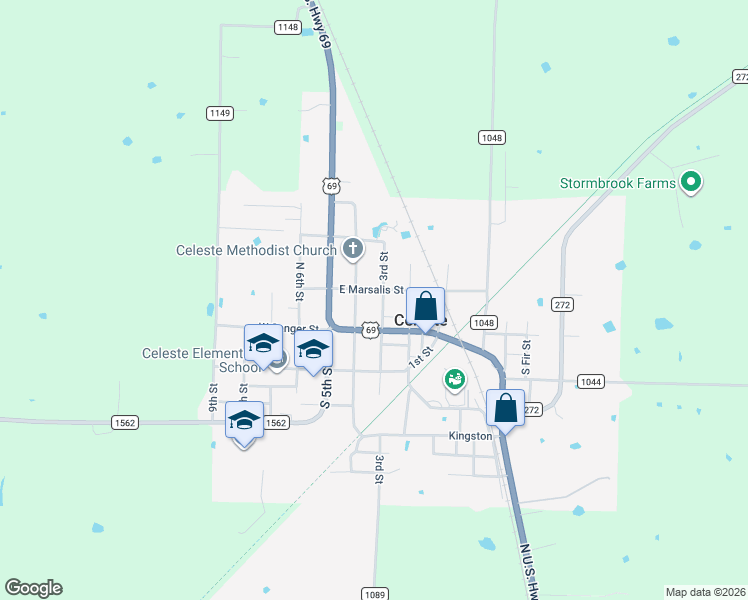 map of restaurants, bars, coffee shops, grocery stores, and more near 115 3rd Street in Celeste