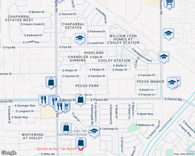 map of restaurants, bars, coffee shops, grocery stores, and more near 3531 East Fairview Street in Gilbert