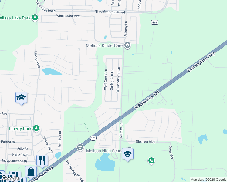 map of restaurants, bars, coffee shops, grocery stores, and more near 3616 Spring Run Lane in Melissa