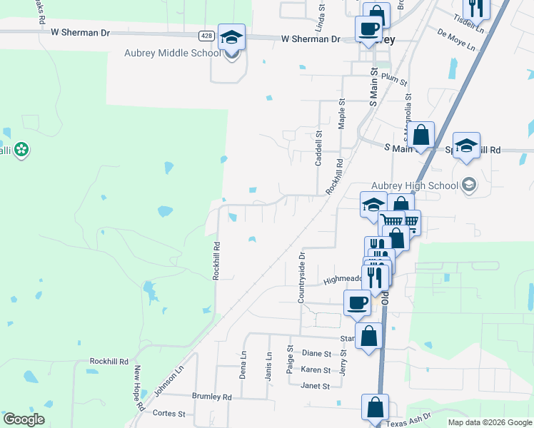 map of restaurants, bars, coffee shops, grocery stores, and more near 2005 Maxwell Court in Aubrey