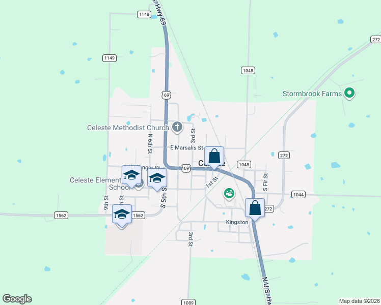 map of restaurants, bars, coffee shops, grocery stores, and more near 115 3rd Street in Celeste