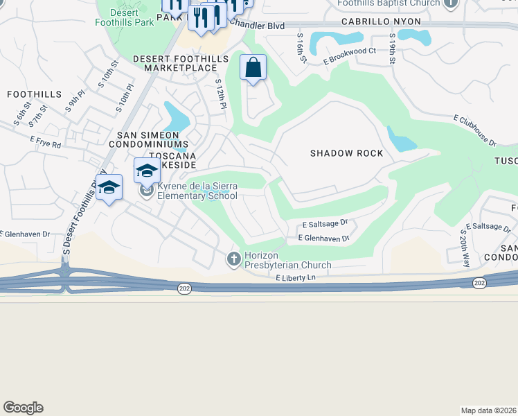 map of restaurants, bars, coffee shops, grocery stores, and more near 1434 East Saltsage Drive in Phoenix