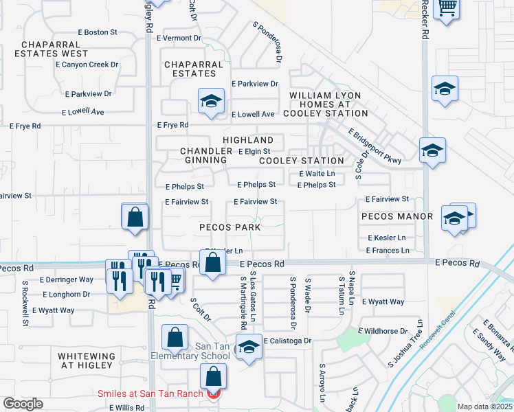 map of restaurants, bars, coffee shops, grocery stores, and more near 3531 East Fairview Street in Gilbert